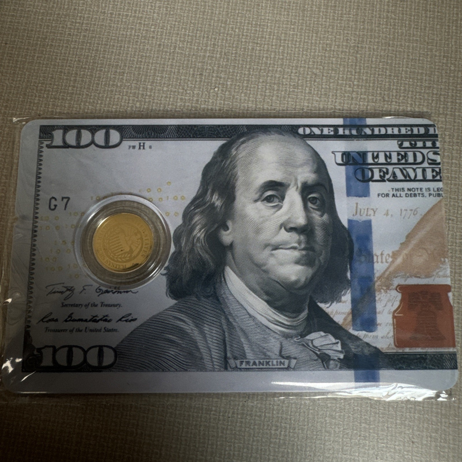 1/1000 oz Gold Coin Card 9999 Fine Gold 100 Dollar Bill Flag Theme