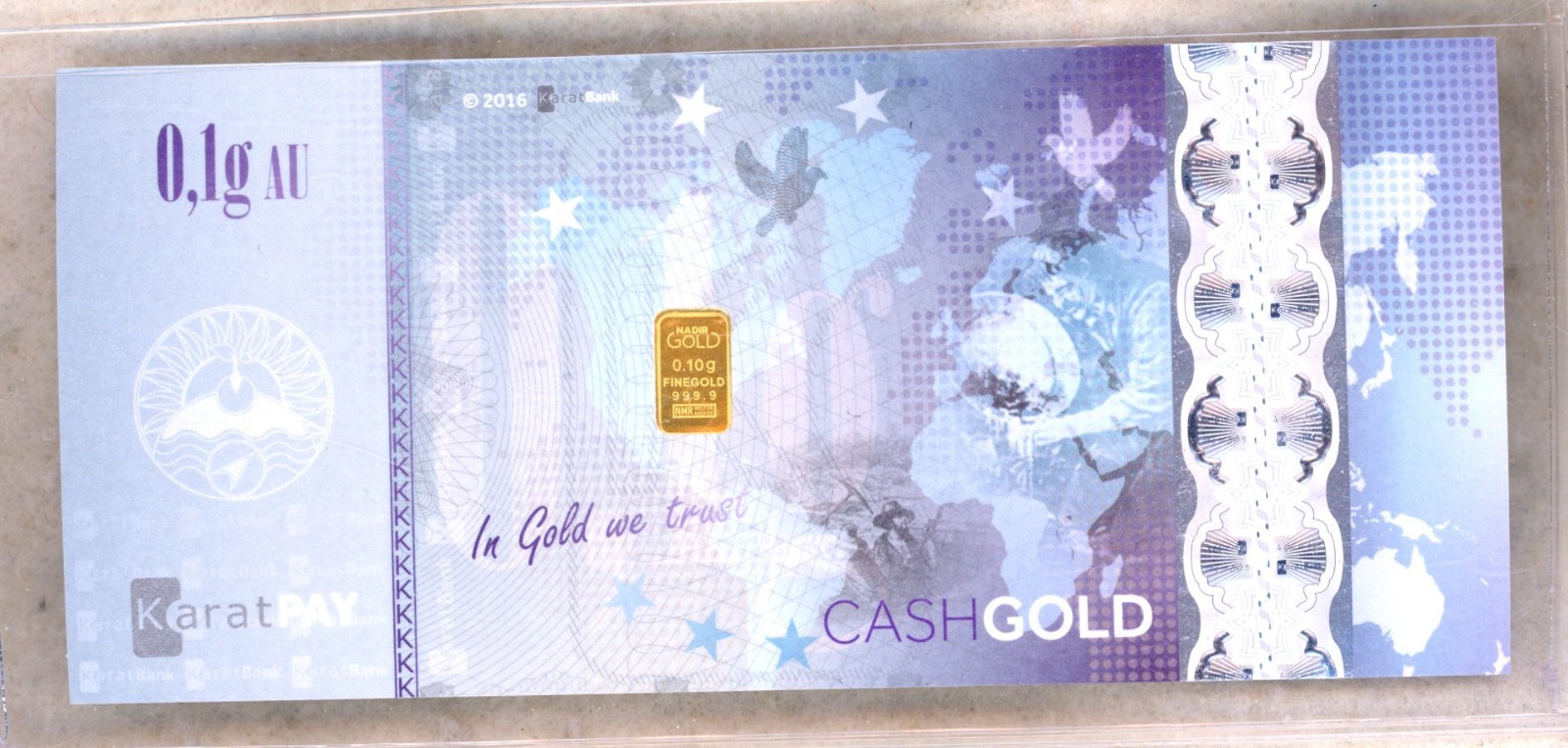 KARATPAY ~ 2016 ~ 1/10th gram 999.9 GOLD BAR ~ ON NOTE