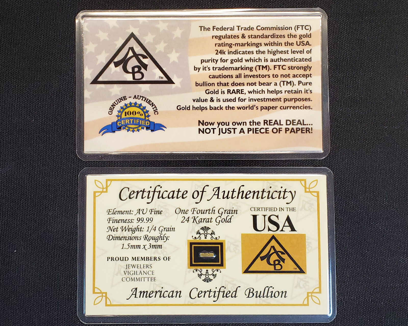 GOLD x10 ACB 1/4GRAIN 24K SOLID BULLION MINTED BAR 9999 FINE CERT/AUTHENTICITY