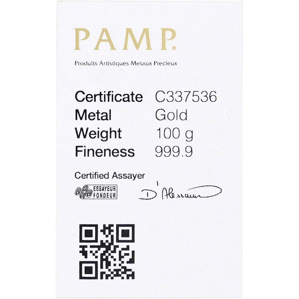 100 gram Gold Bar – PAMP Suisse – Poured – 999.9 Fine with Assay
