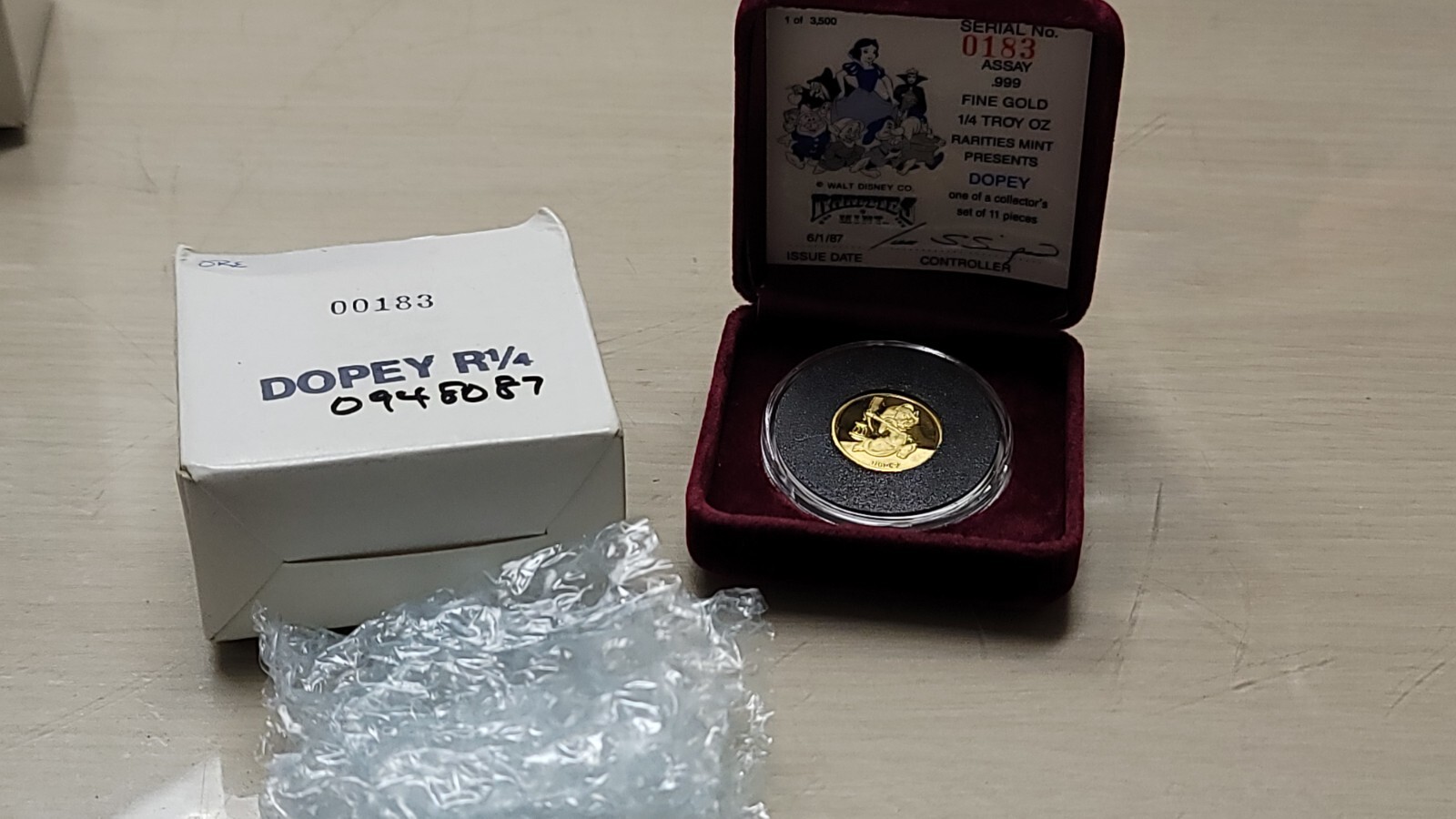 1987 Disney Snow White DOPEY 1/4 oz. Gold .999 Coin 50th Anniversary w/COA & BOX