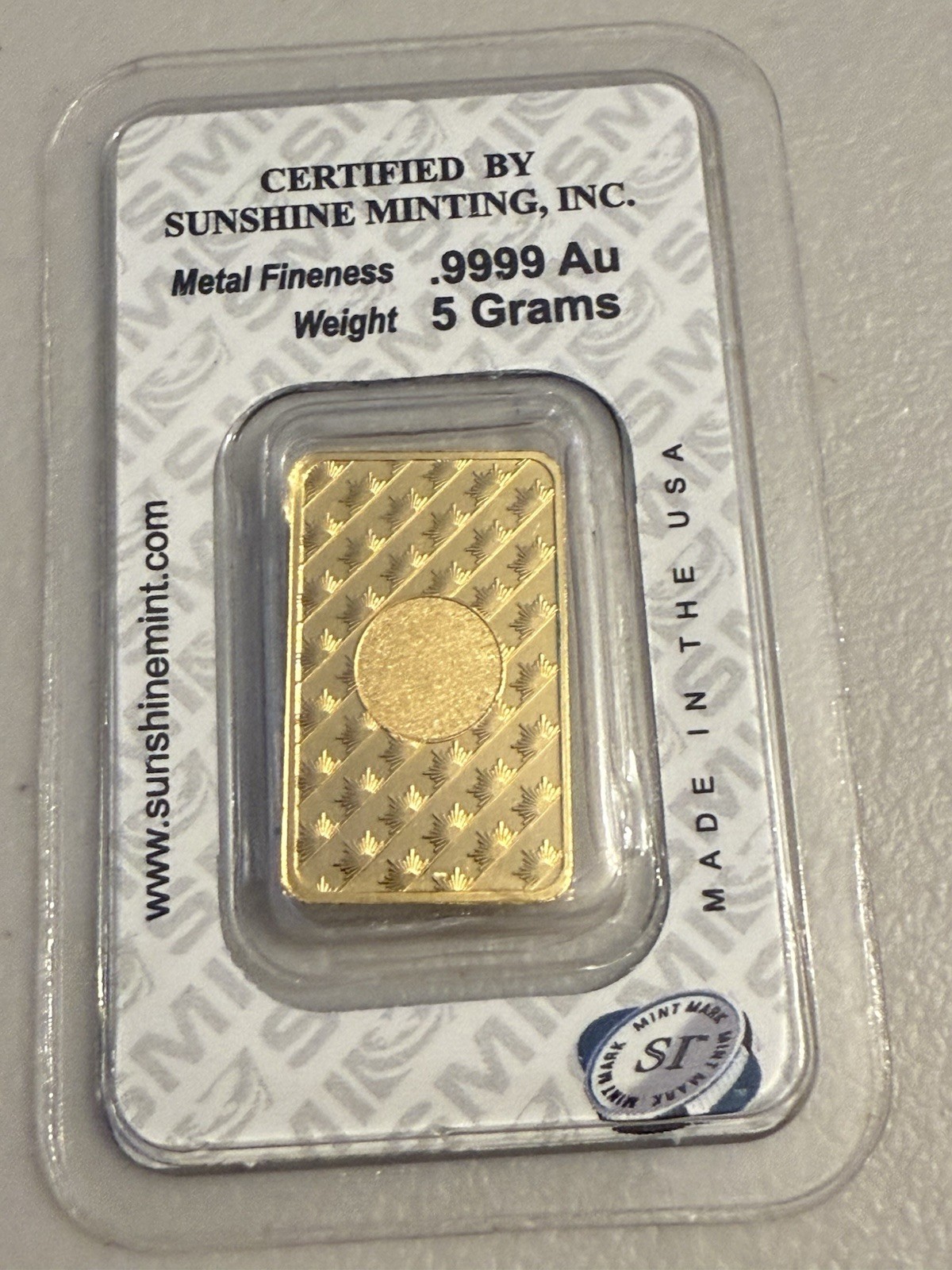 5-g Sunshine Mint .9999 Fine Gold Bar In Assay