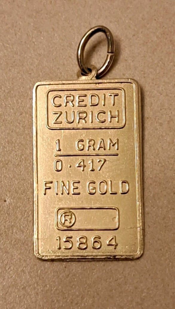 SOLID FINE 10K GOLD .416 BAR 1 GRAM INGOT CREDIT ZURICH PENDANT CHARM #15864
