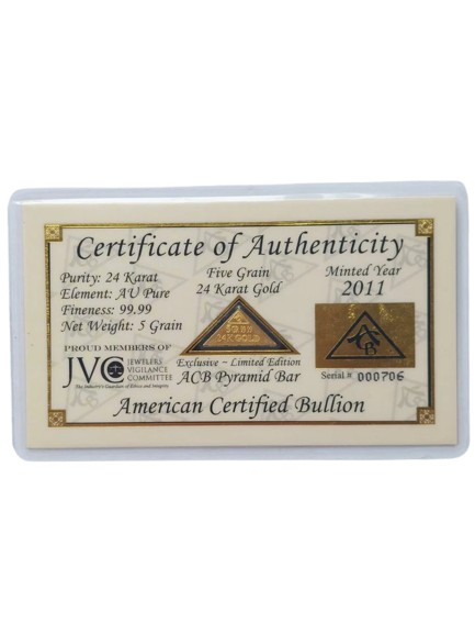 GOLD ACB PYRAMID 5GRAIN 24K SOLID BULLION ~ BAR 9999 FINE With COA (Random Card)