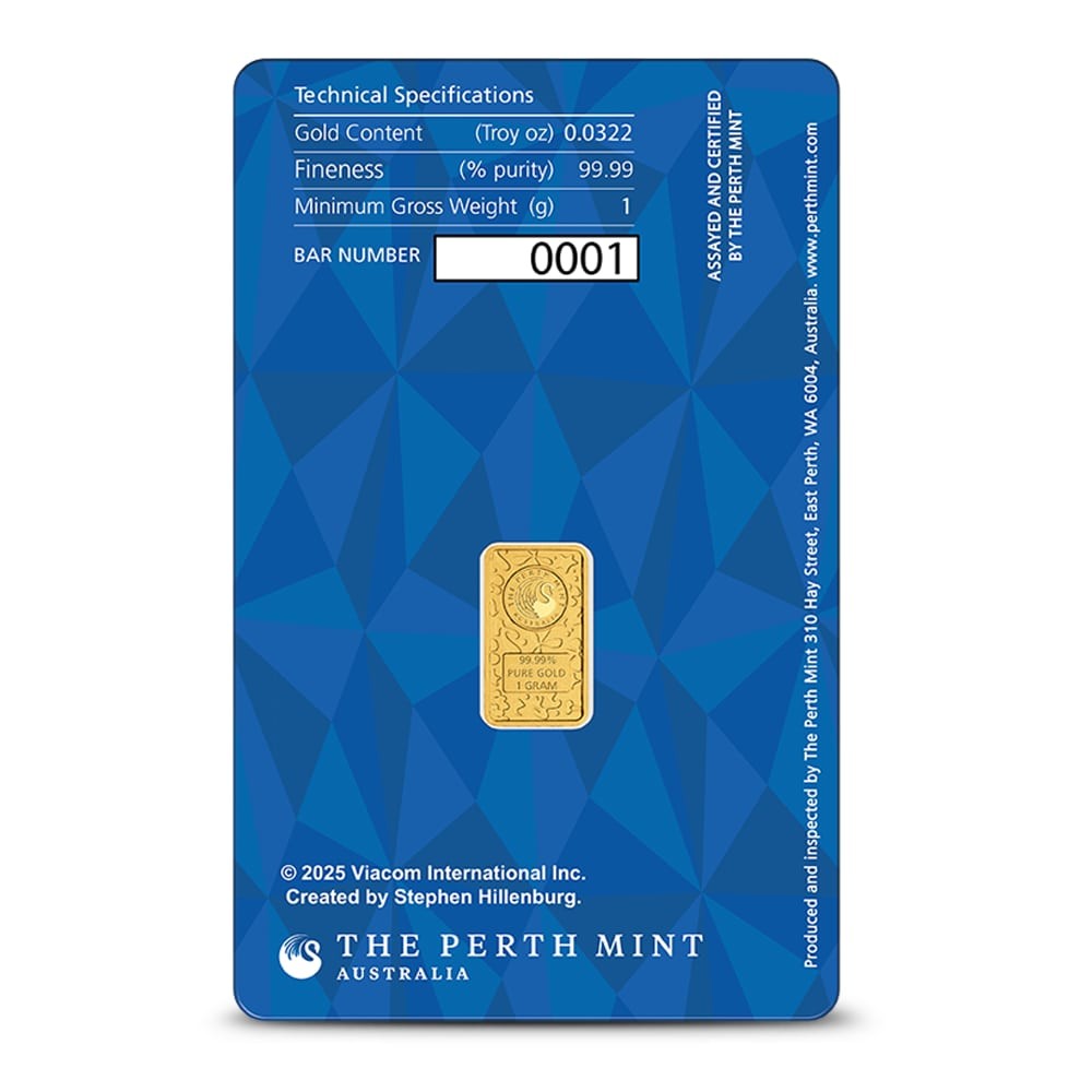 1 Gram Colorized Perth Mint SpongeBob SquarePants Gold Bar (New w/ Assay)