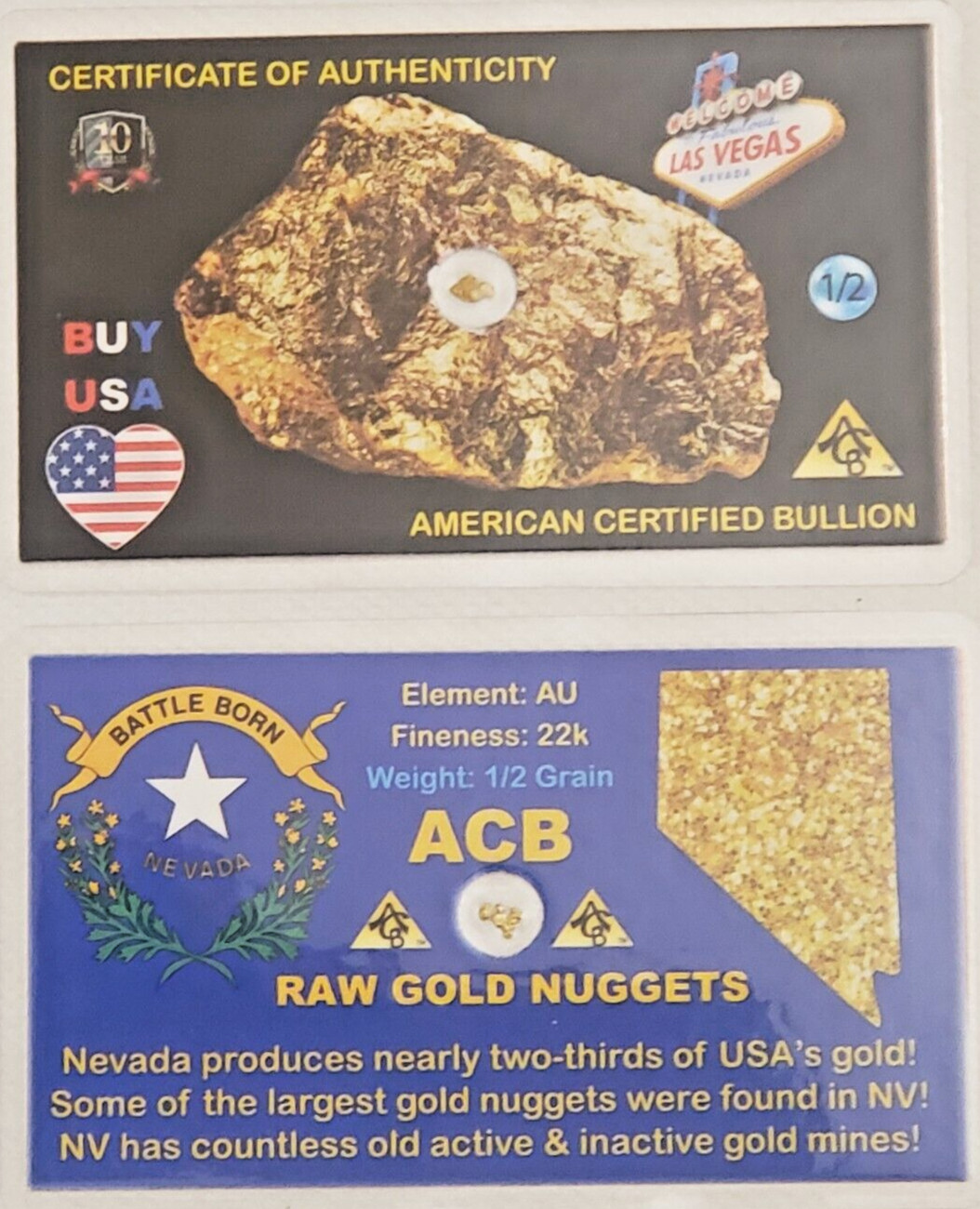 x5 Gold 1/2GRAIN RAW NEVADA NUGGET(S) Placer gold CERT 0F AUTHENTICITY ACB@