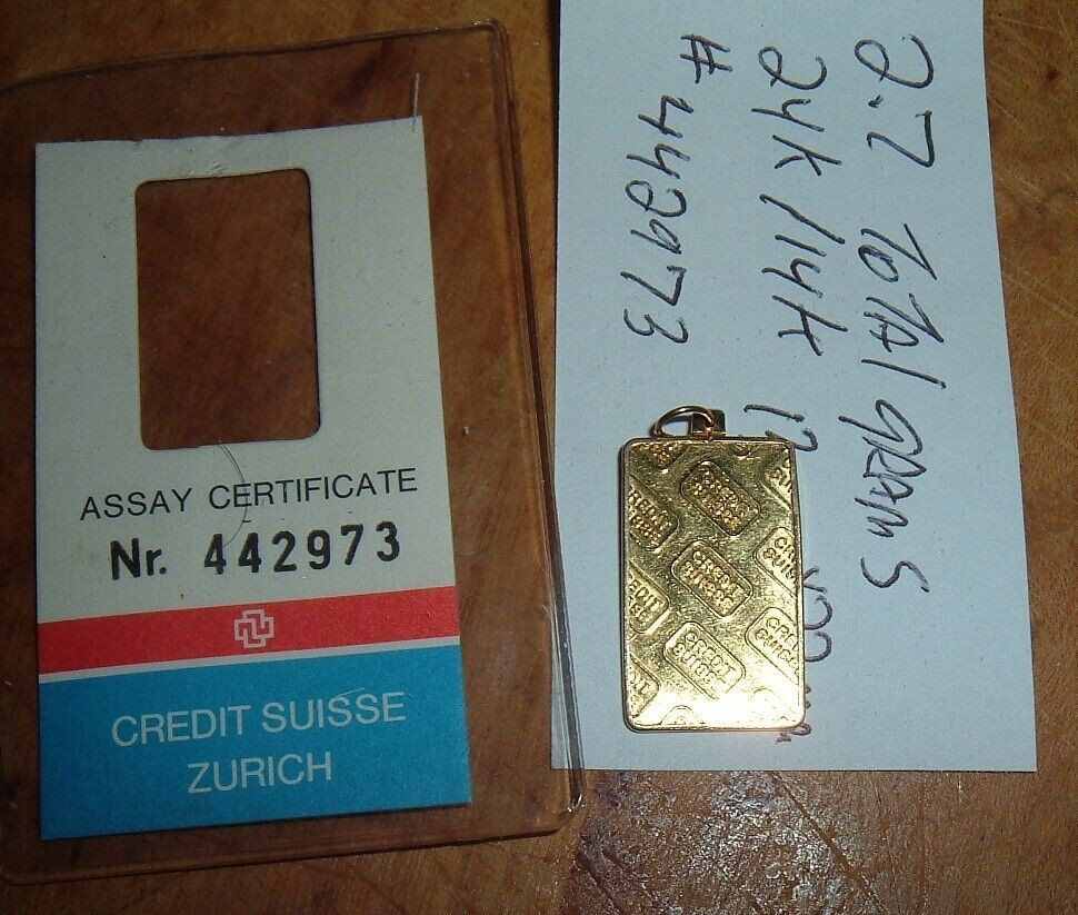 24K GOLD Credit Suisse 999.9 FINE 2.5 INGOT BAR 585 14K PENDANT BEZEL CHAIN 2.7g