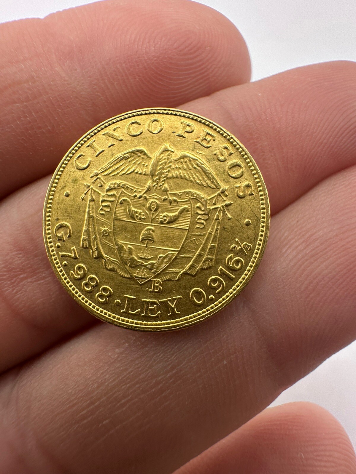 1922 -B Cinco Pesos Colombia 22k 0.916 Gold Coin Lamination Error ￼#6576
