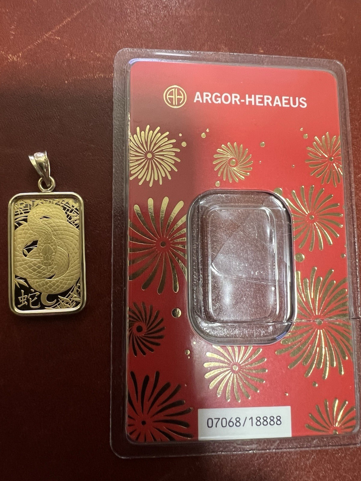 2025/24K/5G. Argor Heraeus Lunar Snake Gold Bar & FREE WITH PURCHASE 14k BEZEL!