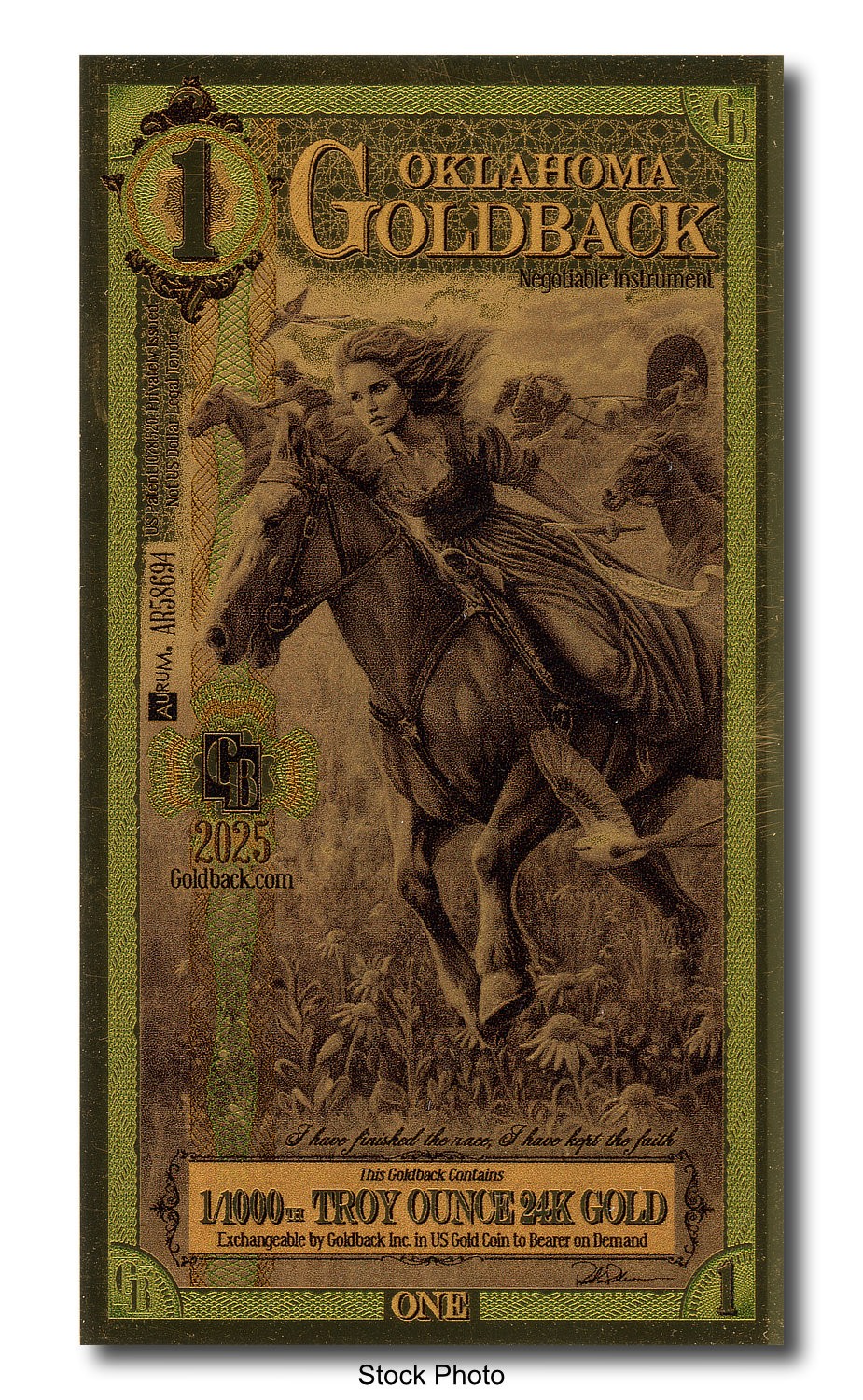 2025 Aurum 1 GB Oklahoma 1/1000 oz 24K Gold Foil Note Ltd. Edition One Goldback