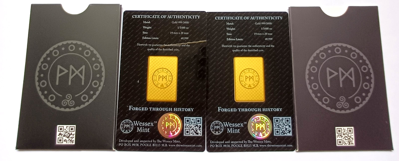 Wessex Mint 1/1000 oz Archangel & Vienna Gold Bars 999.9 Fine Gold in Sleeves