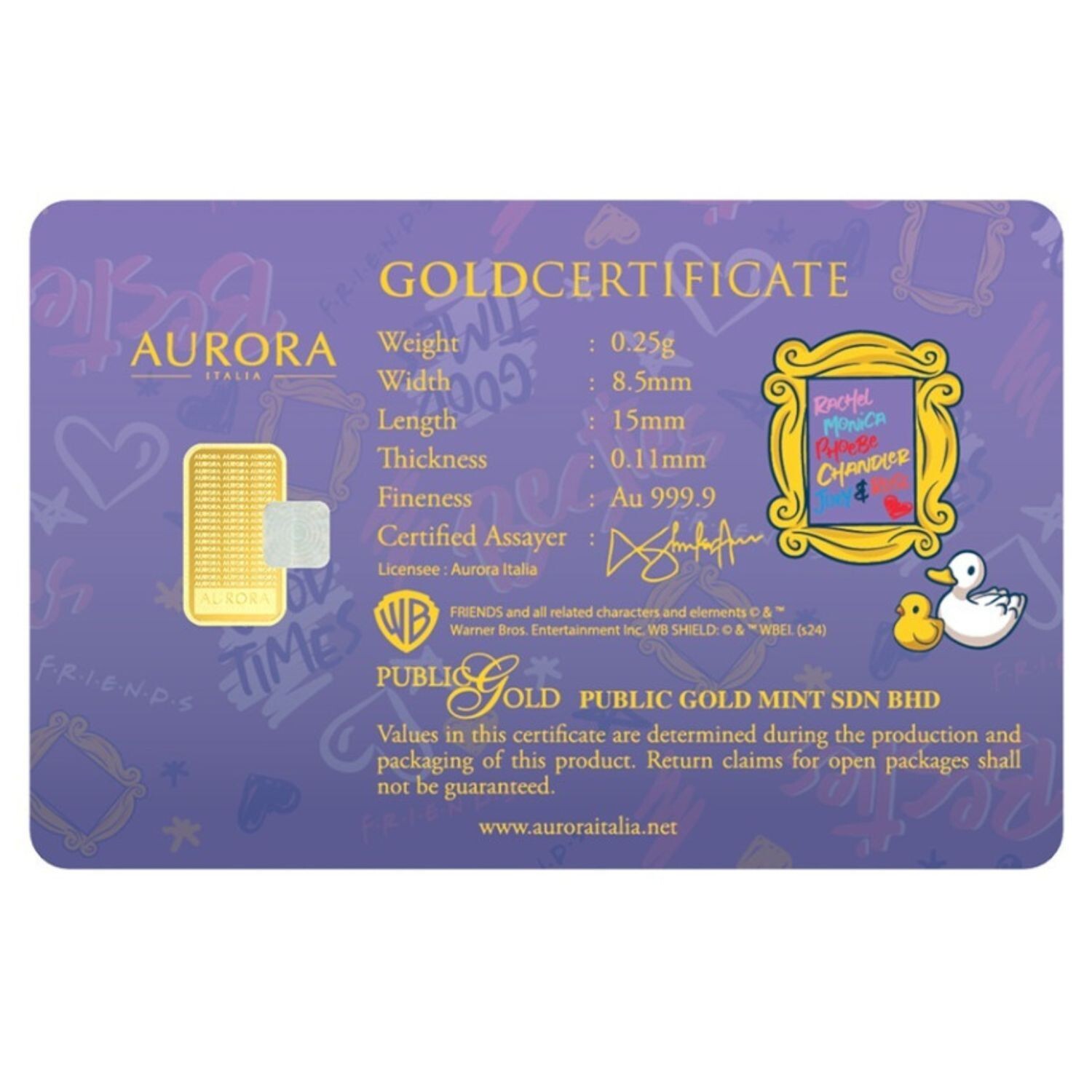 Friends Limited Edition Gold Bar 0.25gram 999.9 FreeShip