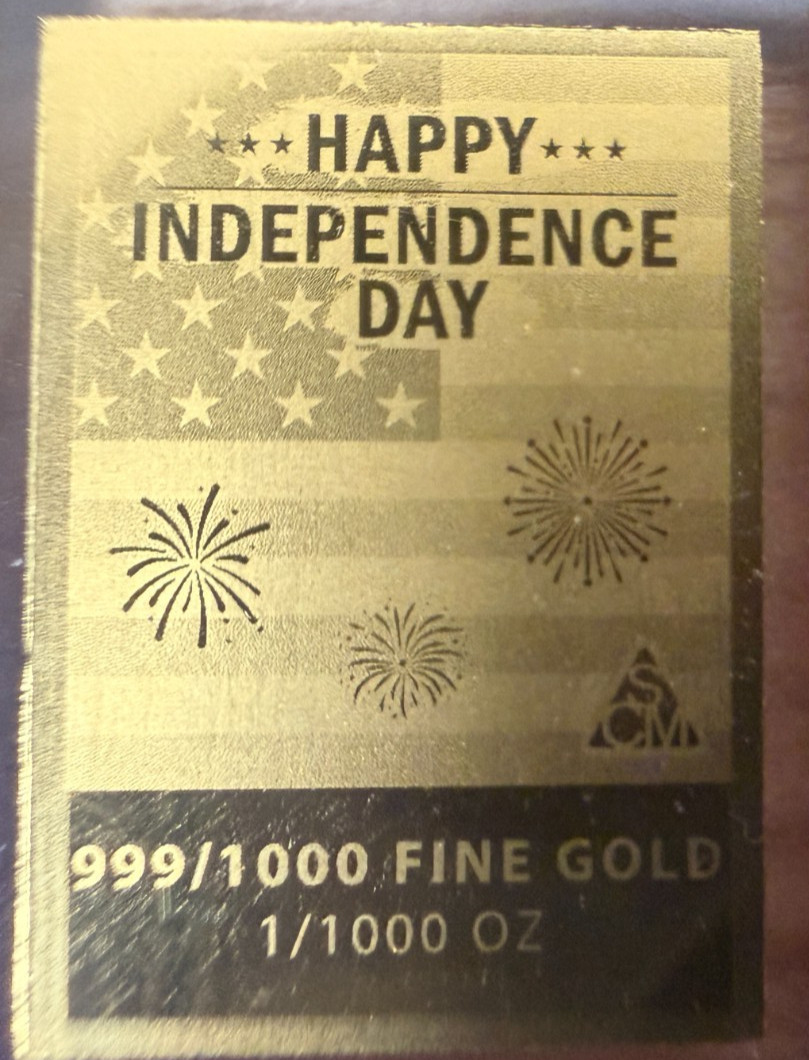 Happy Independence Day 1/1000 oz .999 Fine Gold Bar Card Statue of Liberty