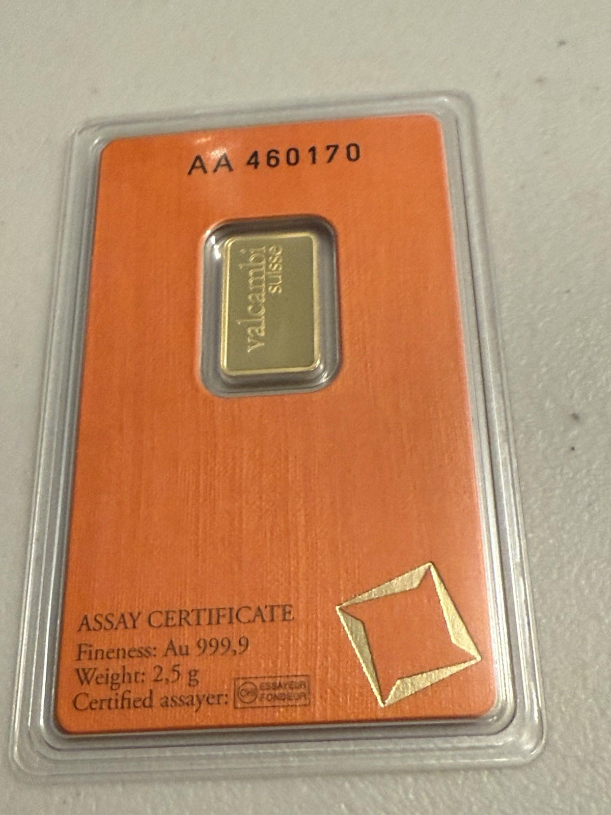 2.5 Gram Valcambi Gold Bar (New w/ Assay)
