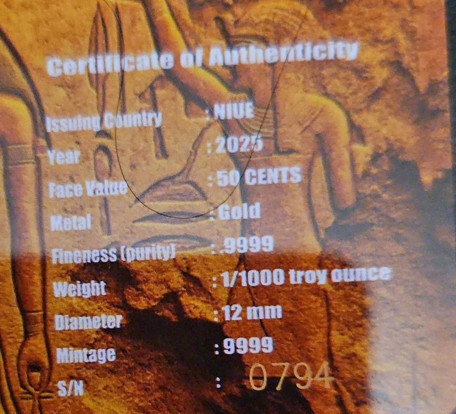 Niue Pyramid of Giza 1/1000 oz .9999 Gold Coin in Card bullion. 2025
