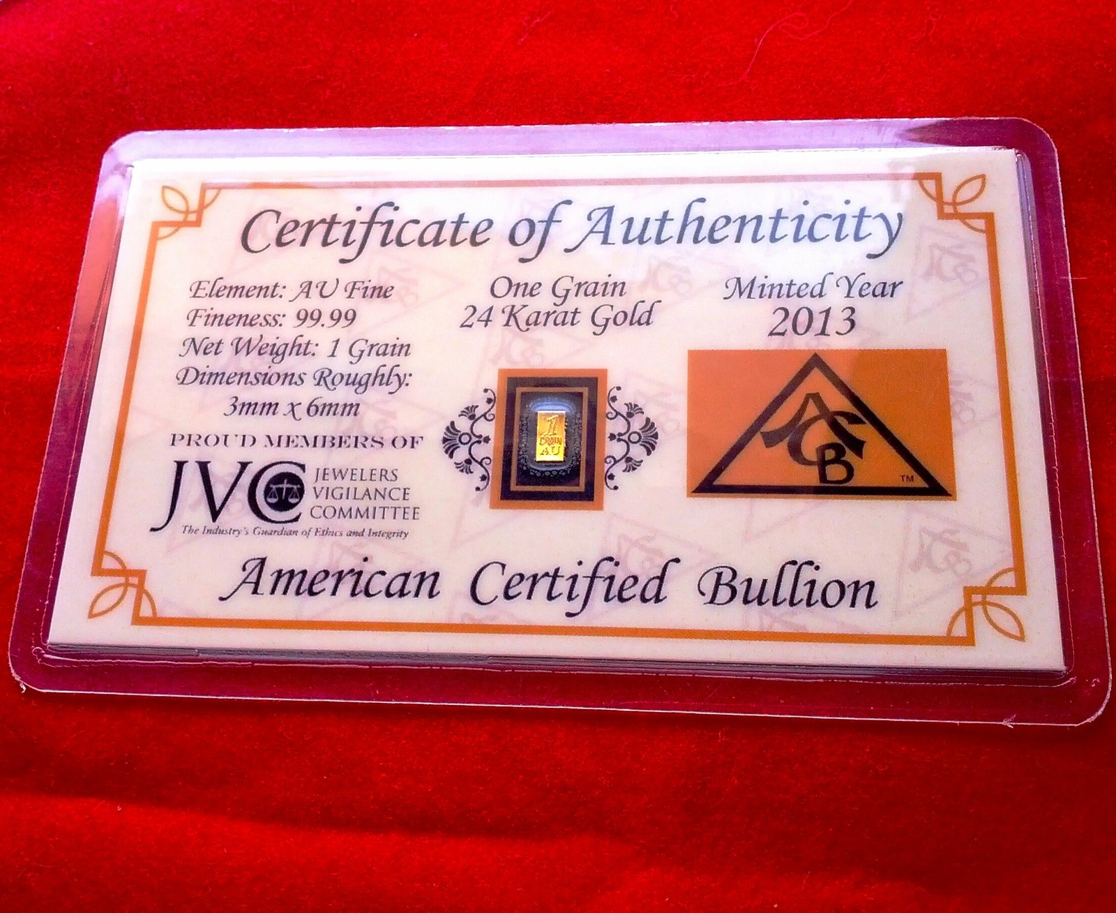 x5 ACB 24K GOLD Vertical 1GRAIN SOLID BULLION BAR 9999 FINE W/CERTIFICATE !$