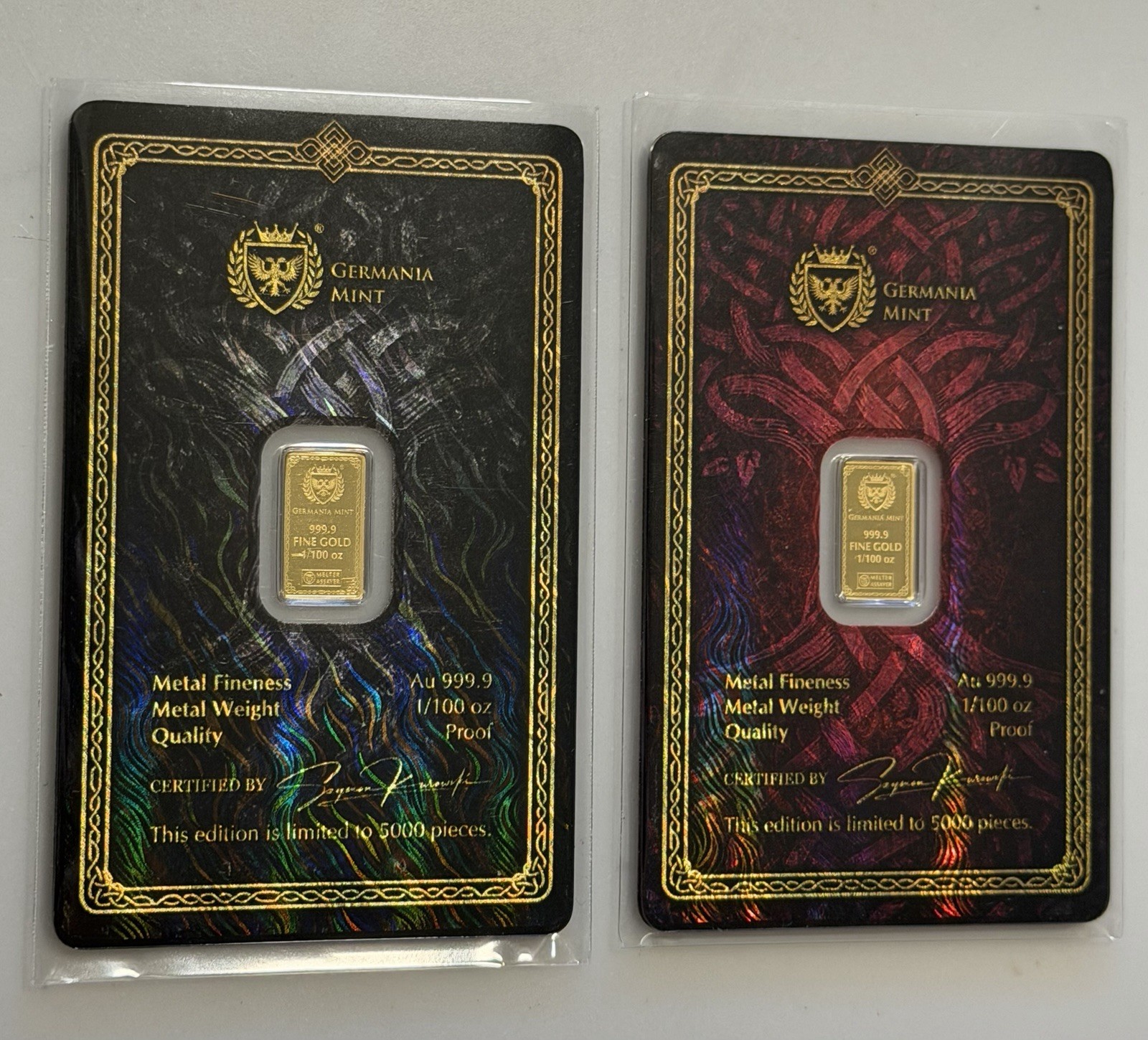 Germania Mint Odin & Frigg 1/100 oz 9999 Gold Bar Set Of 2 In Certified Assay