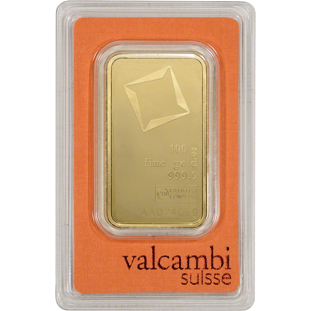 100 gram Gold Bar – Valcambi Suisse – 999.9 Fine in Sealed Assay