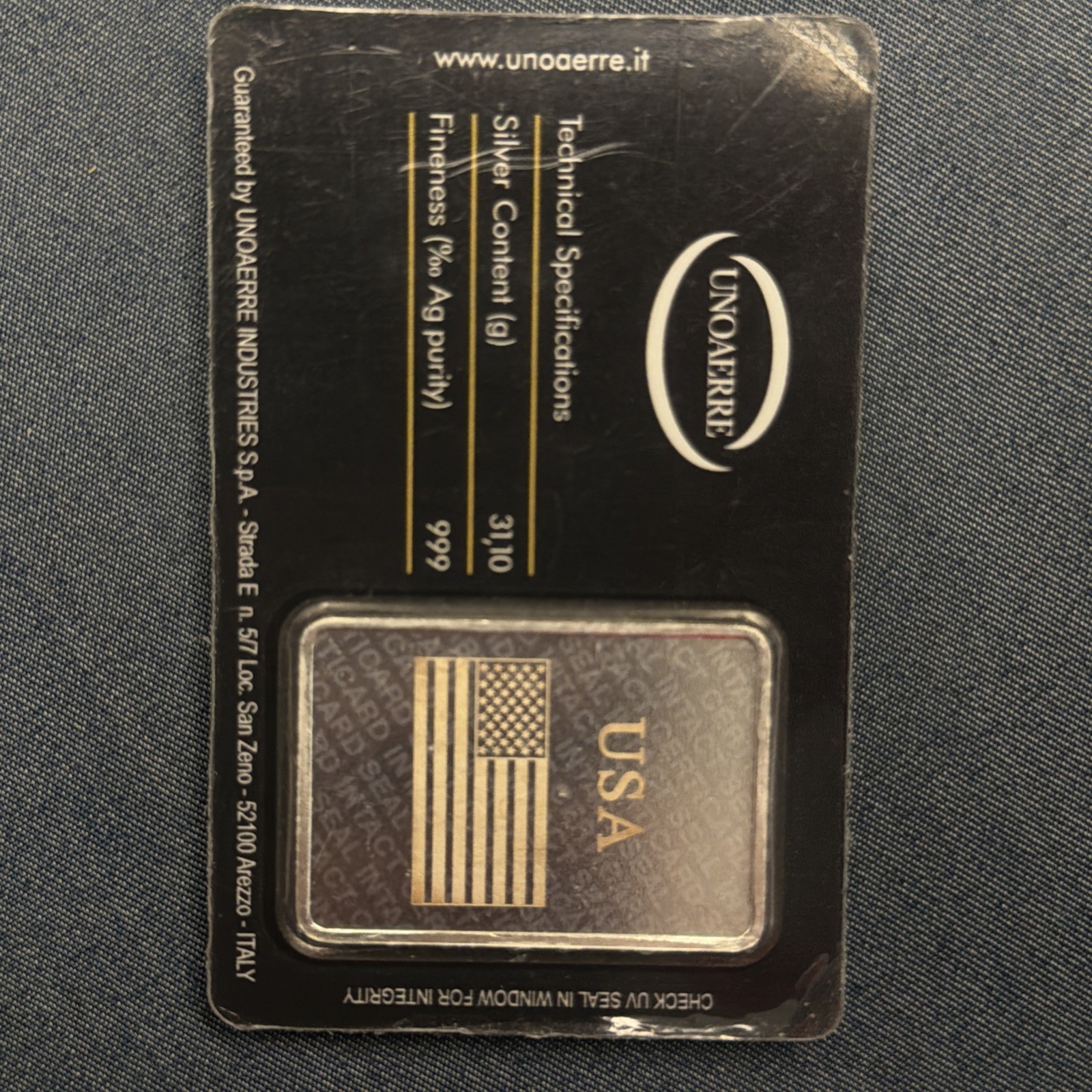Rare Vintage 1 Ounce Silver bar In Assay Card Unoaerre Factory Sealed / Italy