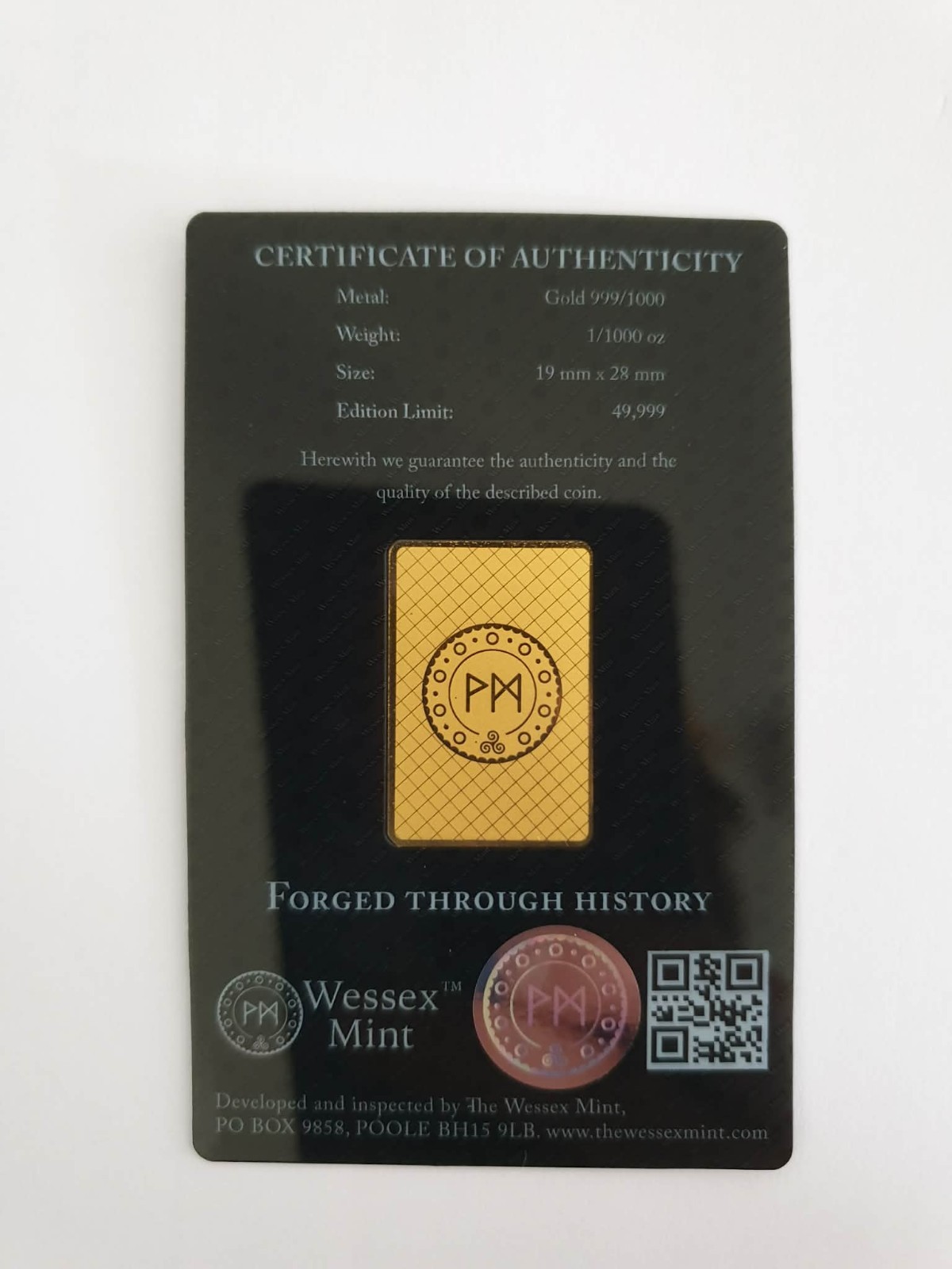 1/1000 oz The Falcon Of The Plantagenets 24K Gold Bar LBMA CERTIFICATE-WESSEX MI