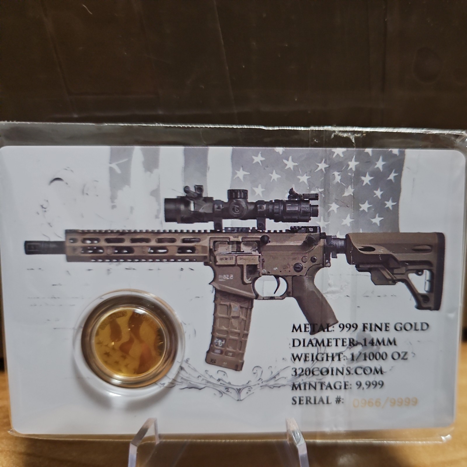999 Fine Gold Round 1/1000 oz American Flag & Rifle Design