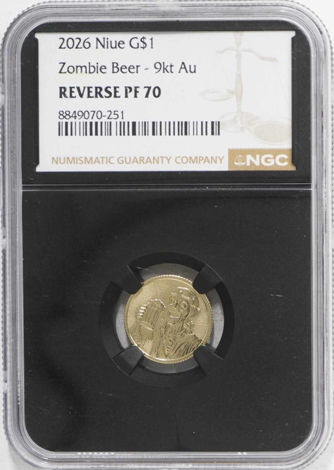 2026 Niue $1 1g 9kt Gold Zombie Beer NGC Reverse Proof PF-70