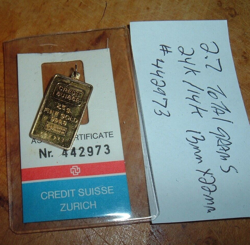 24K GOLD Credit Suisse 999.9 FINE 2.5 INGOT BAR 585 14K PENDANT BEZEL CHAIN 2.7g