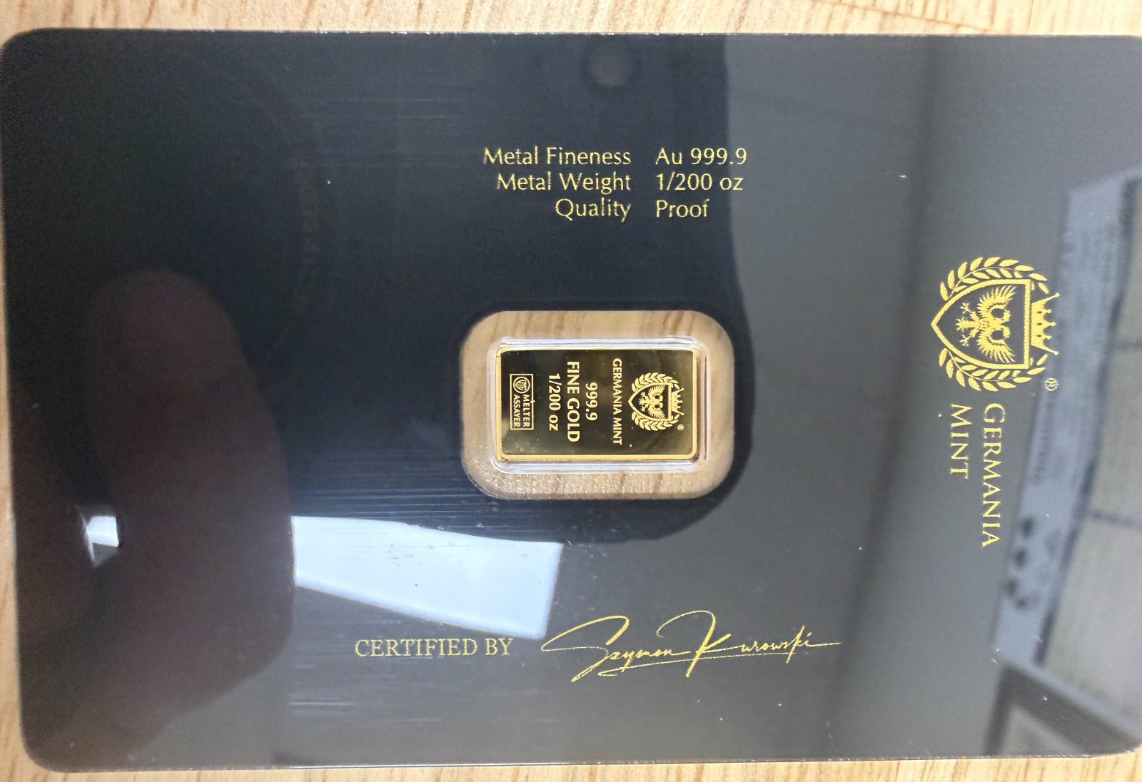 1/200 oz Gold Bar Germania Mint .9999 Fine Gold Proof w/ Assay Card Certified
