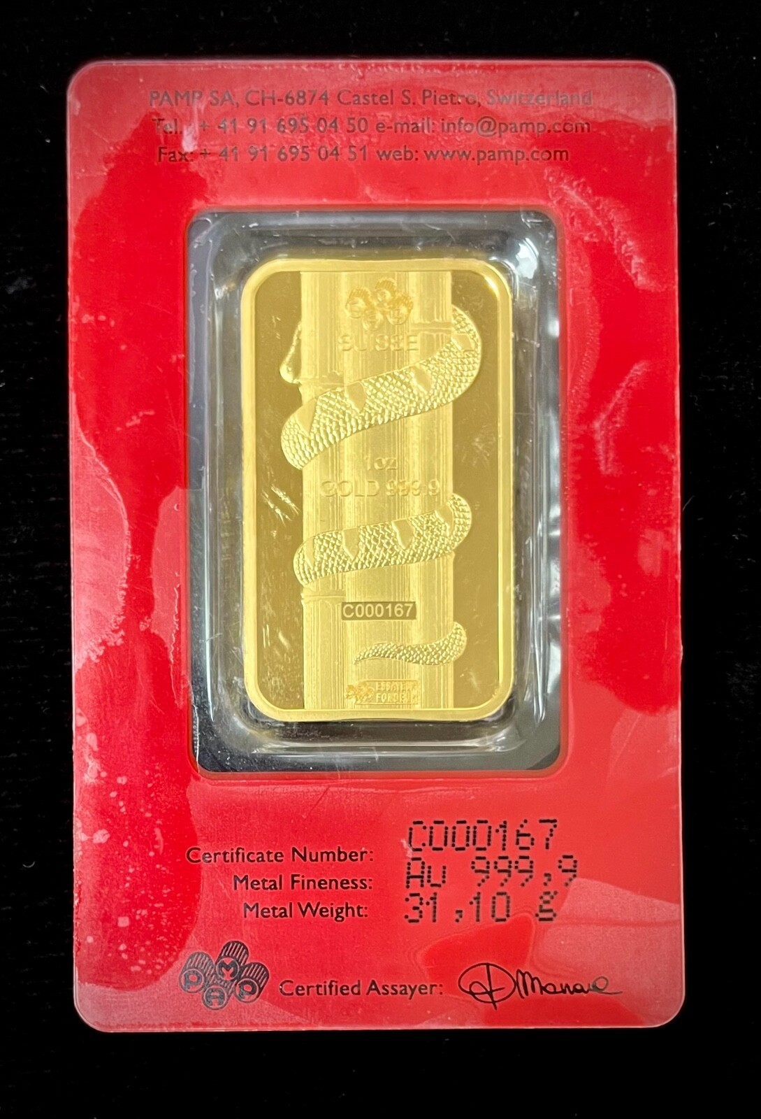 PAMP Suisse 2013 Lunar Calendar Series Year Of The Snake 1 oz Gold Bar (w/Assay)