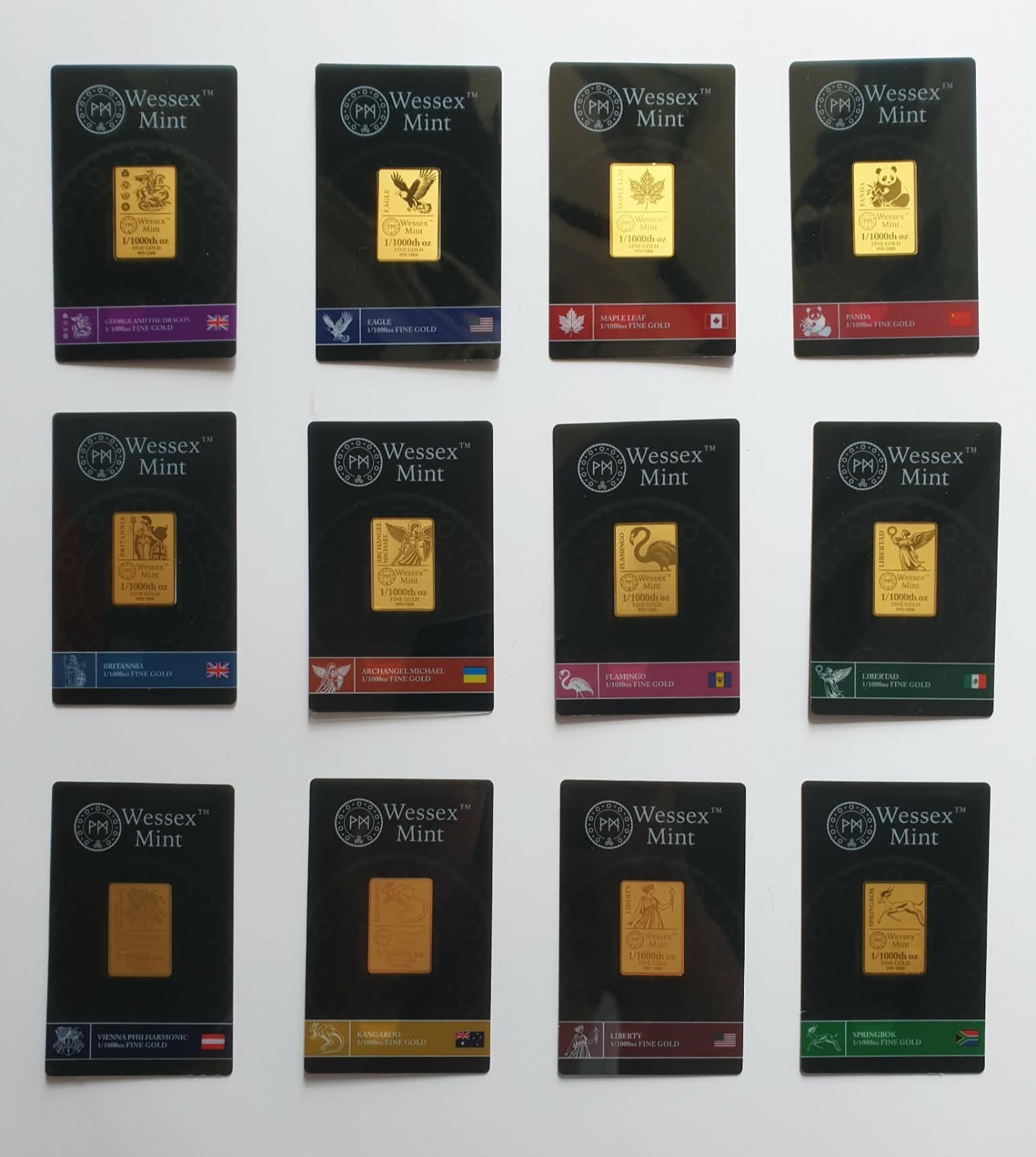 1/1000 oz Full Set. The Wessex Mint World Bullion Collection Set. 24K Fine Gold