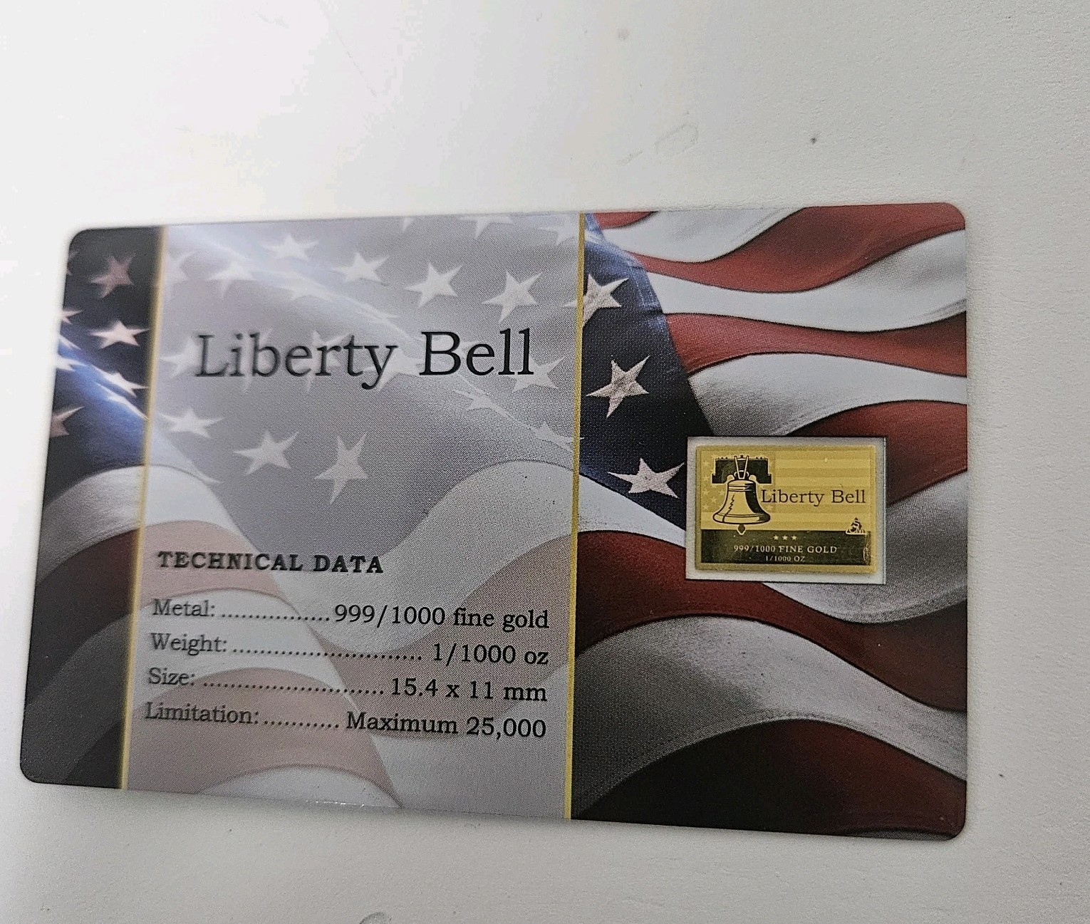 Very Rare; Liberty Bell 1/1000 oz .999 fine Gold Coin/Card; Only 25000 Minted