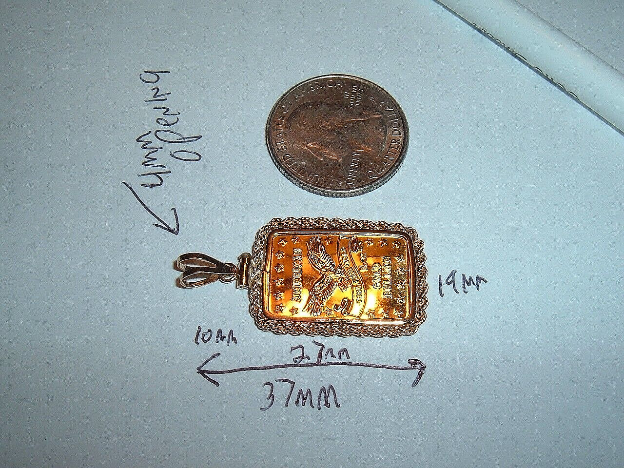 1/10 oz 24K GOLD 999.9 FINE INGOT BAR w / 14K ROPE BEZEL PENDANT CHAIN NECKLACE