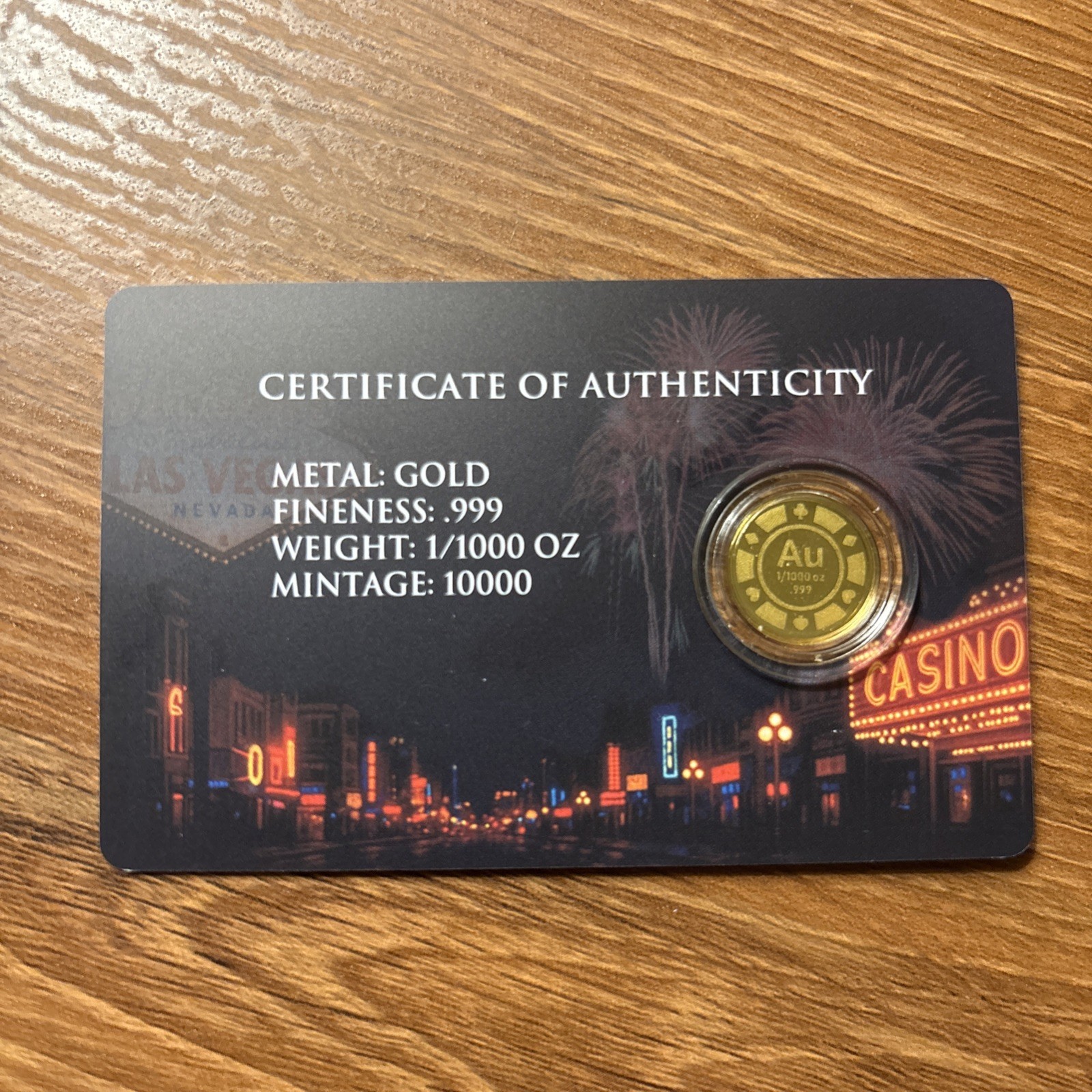 1/1000 oz. Gold Coin Vegas Roulette Chip with COA Assay Card, Mintage 10,000
