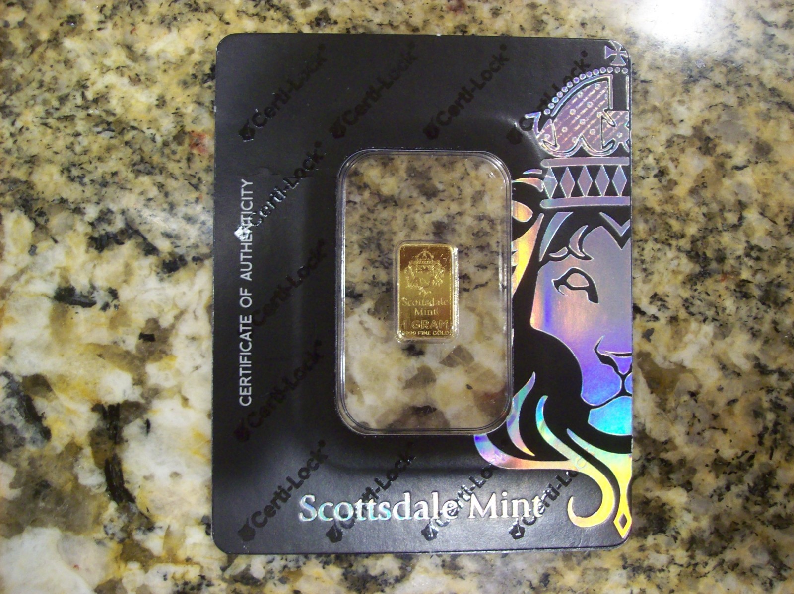 1 GRAM GOLD BAR .9999 FINE SCOTTSDALE MINT IN ASSAY CARD w/CERTI-LOCK
