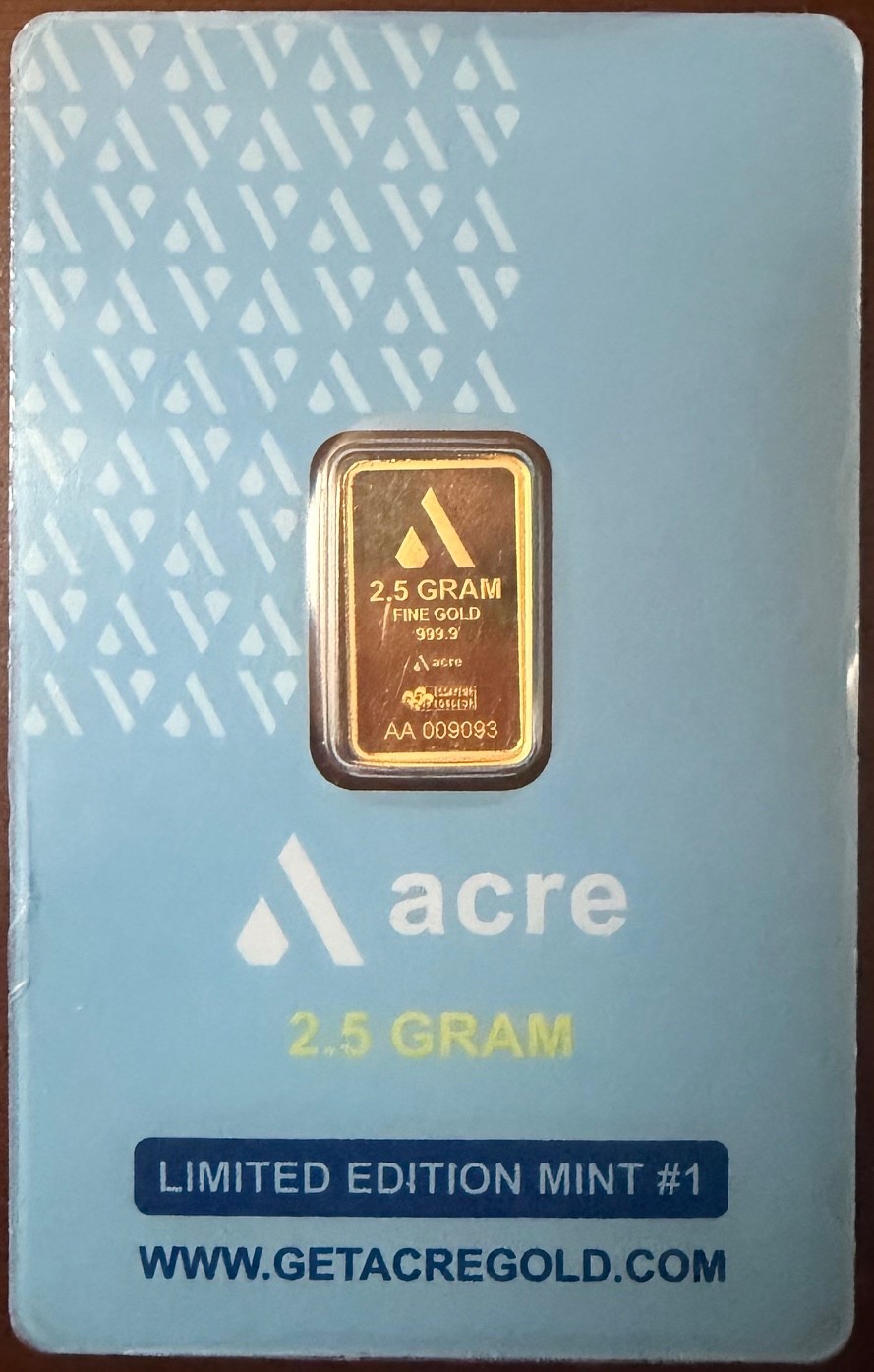 2.5G 999.9 Gold Acre Bar in Assay