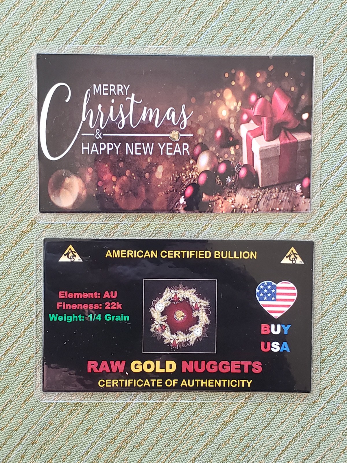 x4 Gold MERRY CHRISTMAS ACB 1/4GRAIN RAW NUGGET Placer gold with Certificate