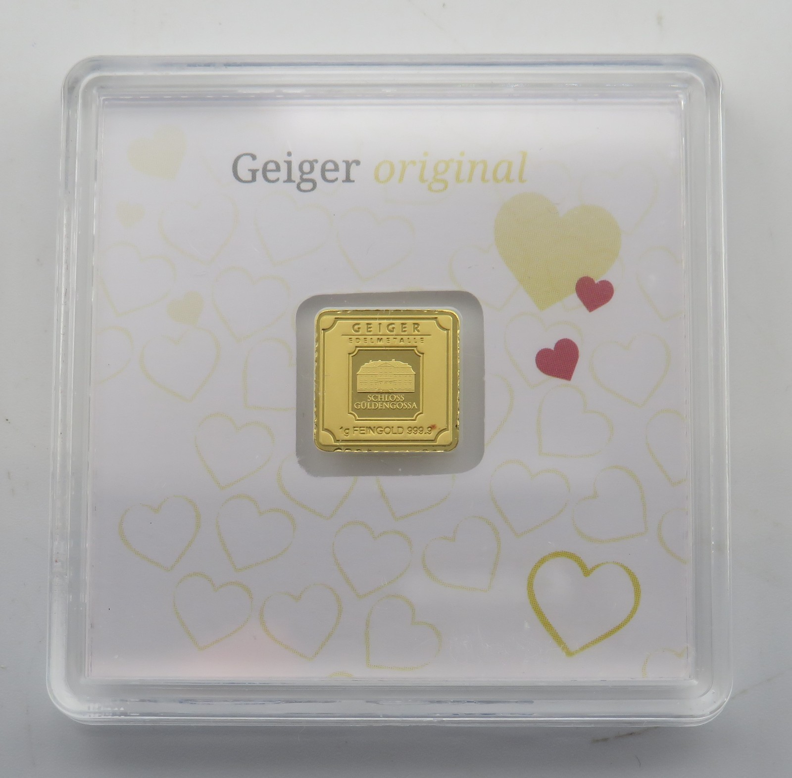 1 Gram 24K Gold Geiger Hearts 999.9 Certified Assay Square Bar C0090663