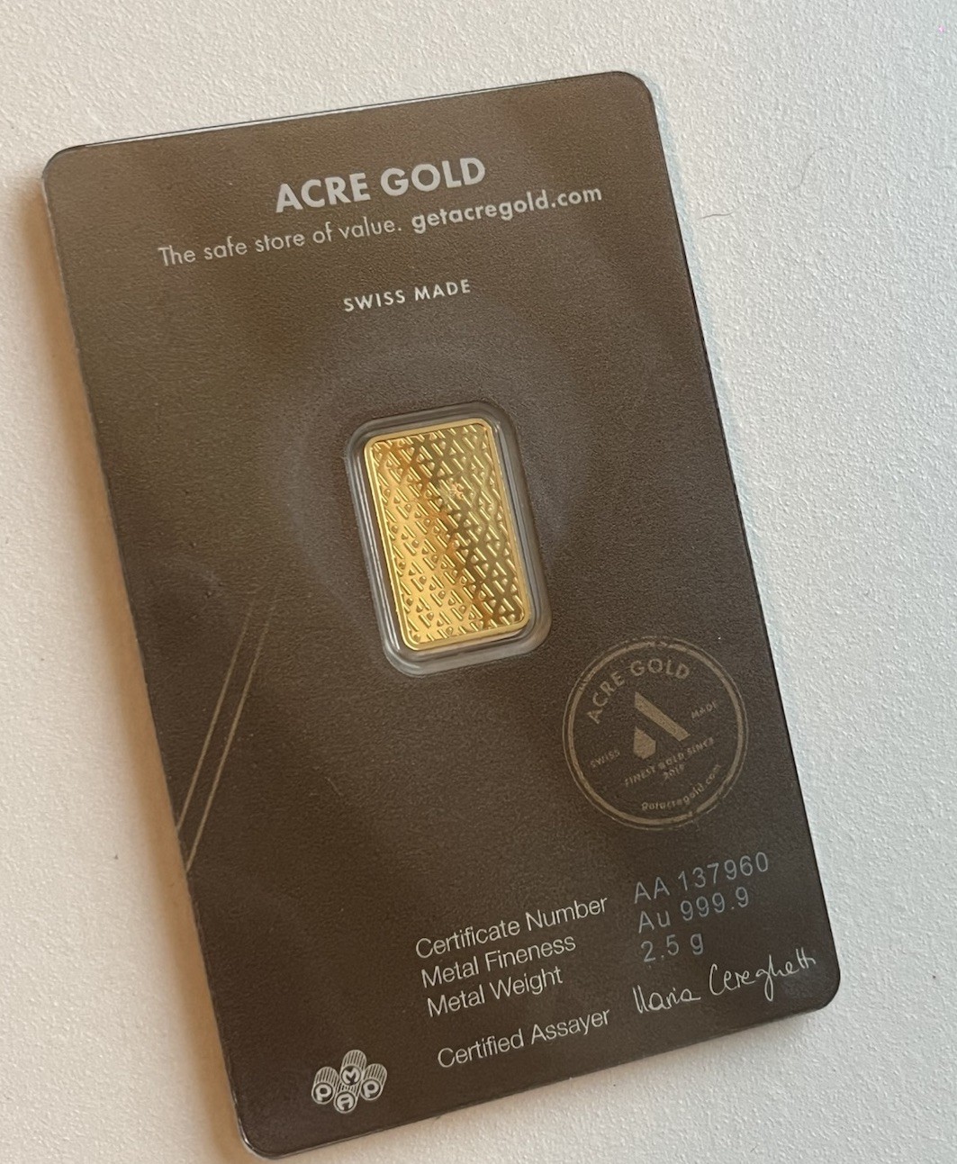 2.5 gram Acre Alpine Collection Gold Bar .9999 Fine Sealed in Assay Card