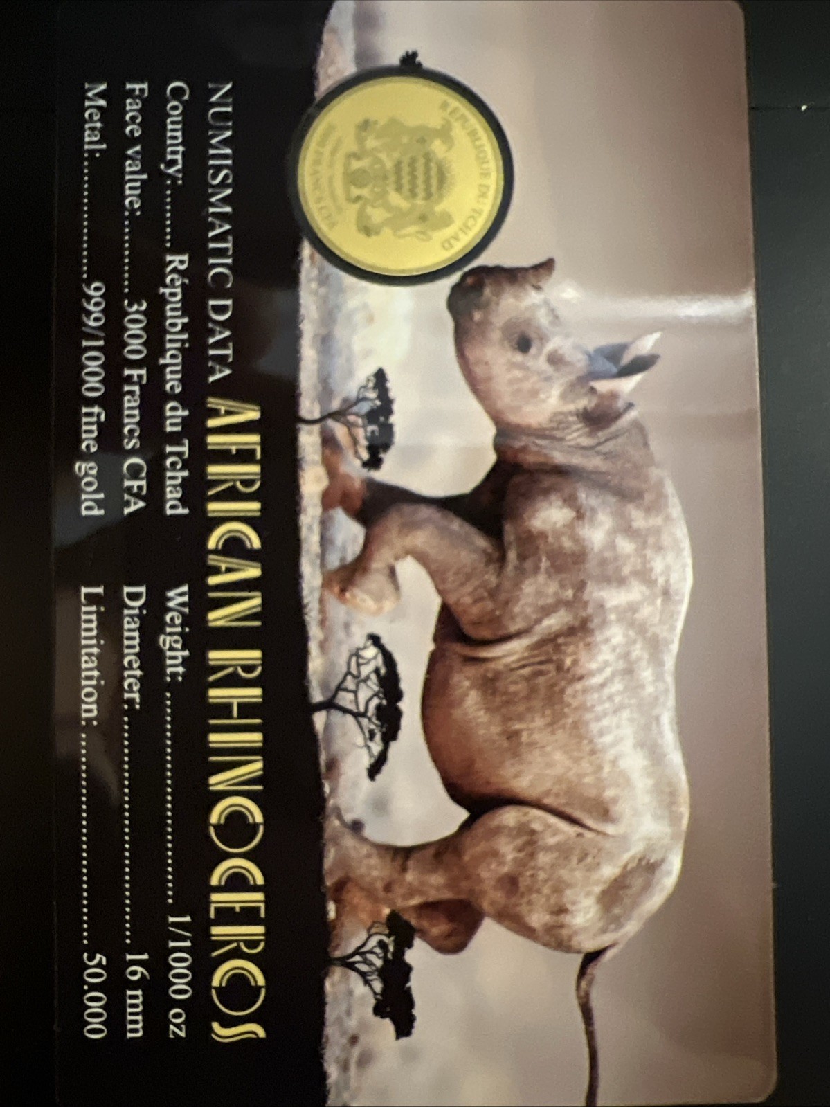 GOLD 1/1000TH Oz .999 FINE Round AFRICAN RHINO TCHAD COIN Pure 24kt 3000 Francs