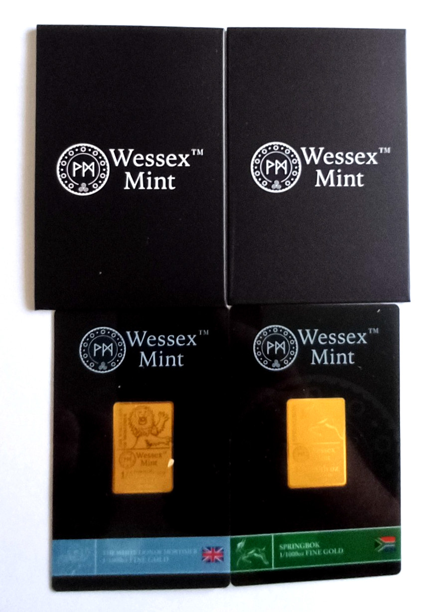 1/1000th oz Gold 999.9 Springbok & White Lion Bullion Bars by Wessex Mint