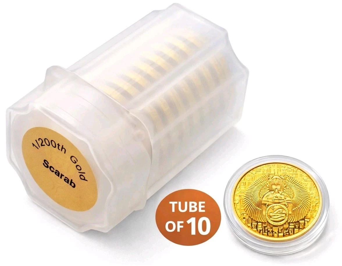 TUBE of 10 – 1/200 oz .999 Pure Gold Egyptian Scarab Round 24K Fine Bullion Lot
