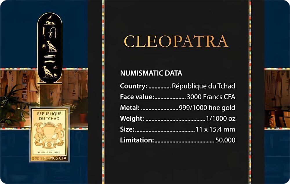CLEOPATRA 1/1000 Oz .999 Gold in Coin card 3000 Francs Chad 2024