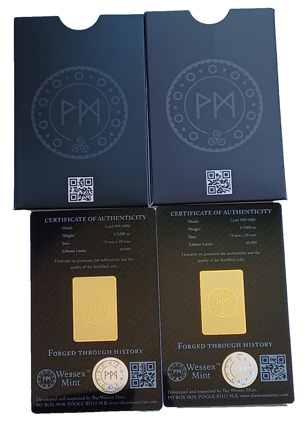 Wessex Mint 1/1000th oz x 2 Fine GaD & Liberty Gold Bars 999.9 RRP 39.99 each