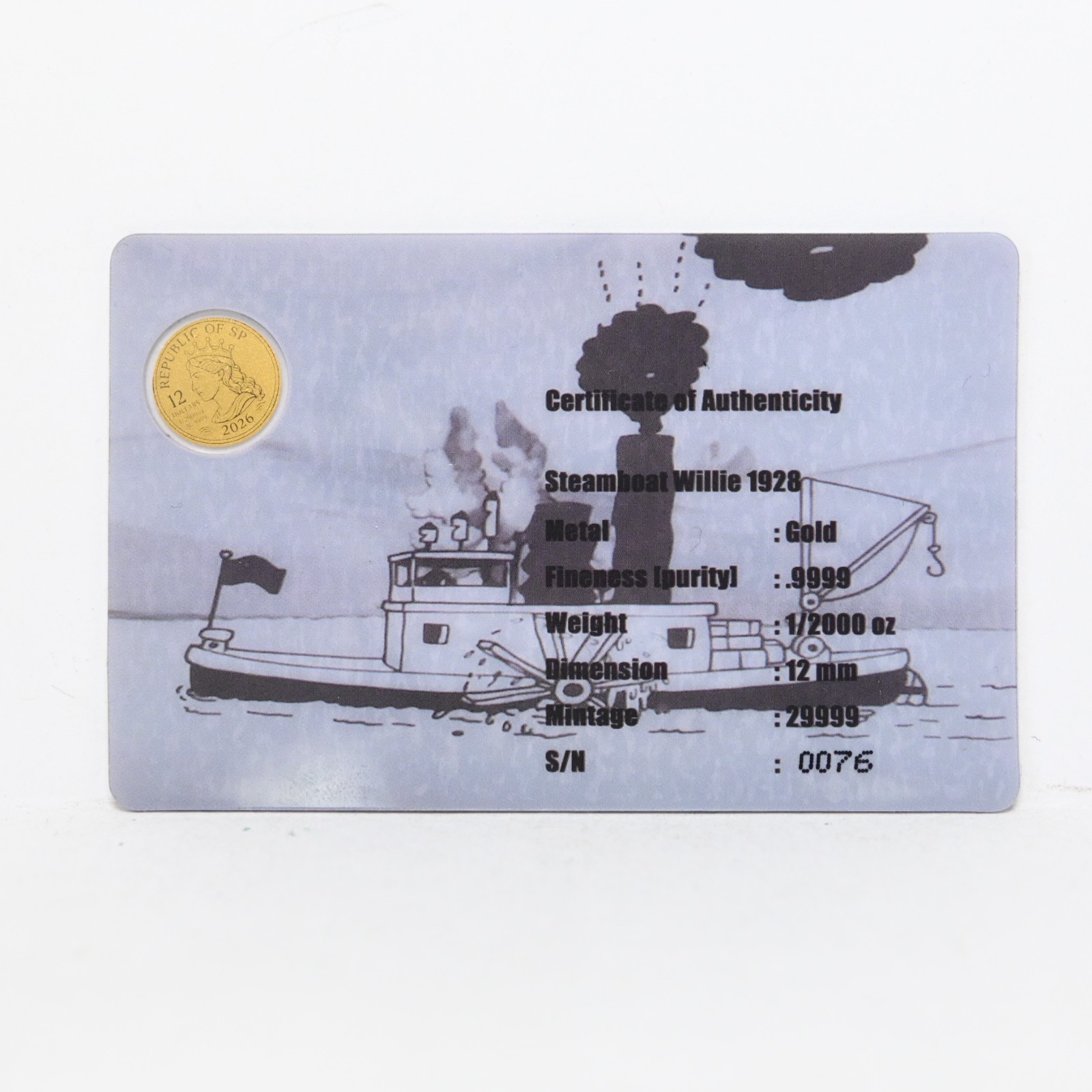 2026 Steamboat Willie 1928 1/2000-oz .9999 Gold Coin in Card (slx5331)