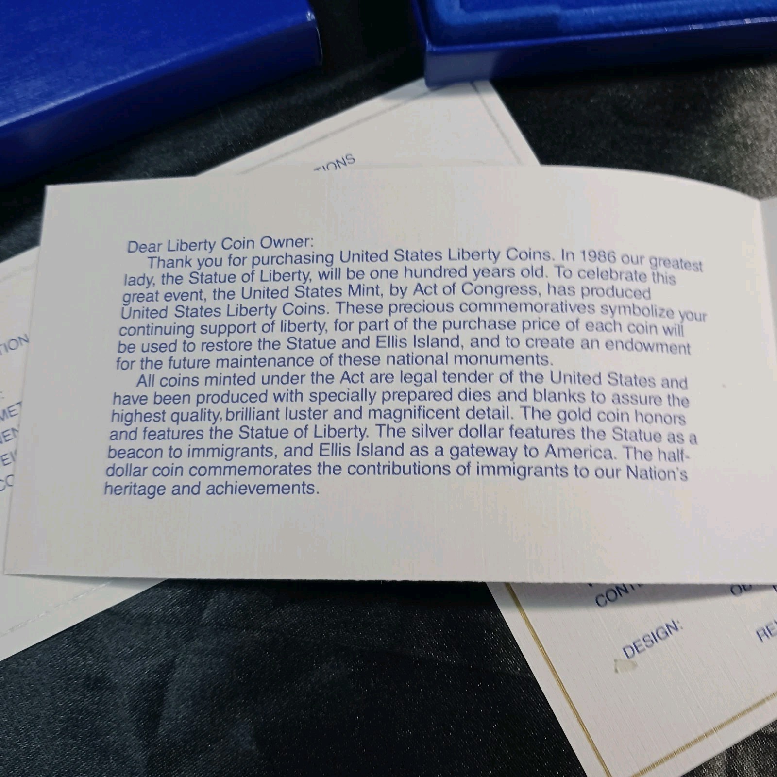 1886-1986 U.S. Liberty 3-Coin Proof Set $5 Gold $1 Silver Half Dollar Box w/COA