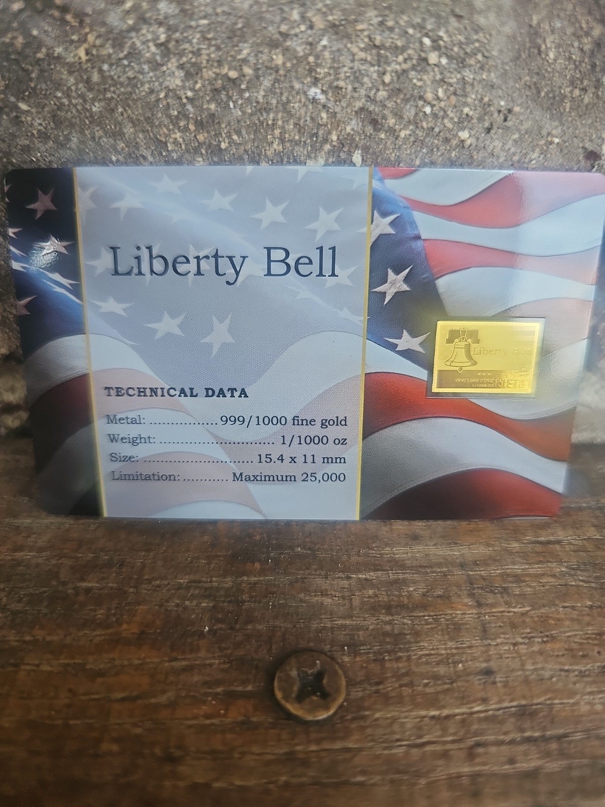 Liberty Bell 1/1000 oz .999 Fine Gold Bar in Display Card, American Flag! Lmt50k