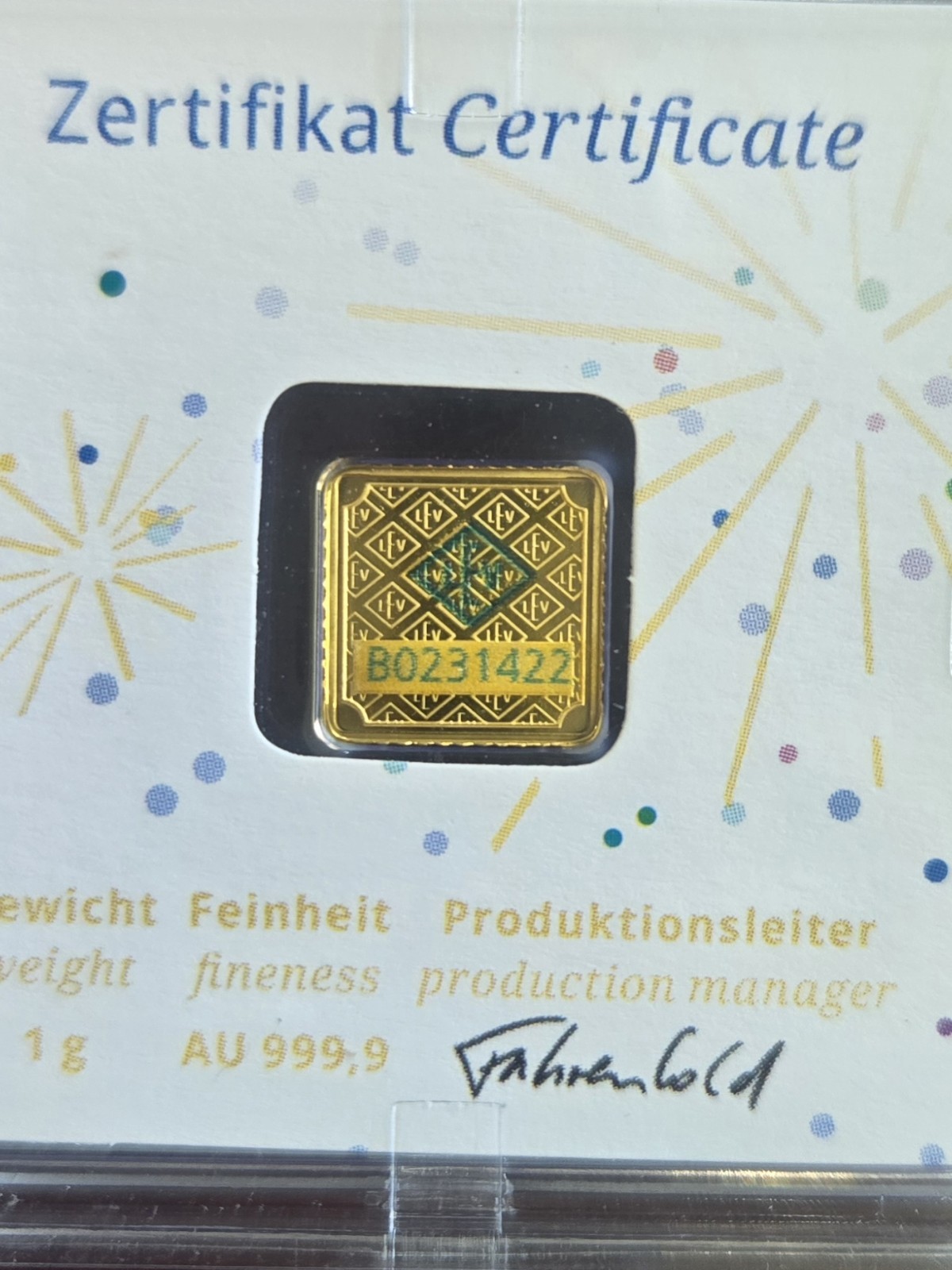 Geiger Edelmetalle Gold 1 Gram .999 Fine Square Germany Sealed