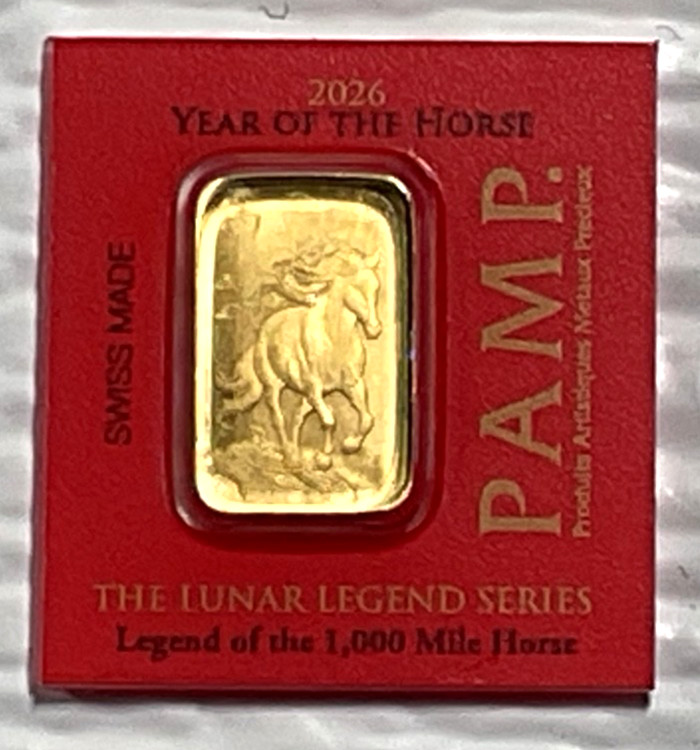 2026 1 Gram PAMP Suisse Lunar Legends 1,000 Mile Horse Multigram .9999 Gold Bar