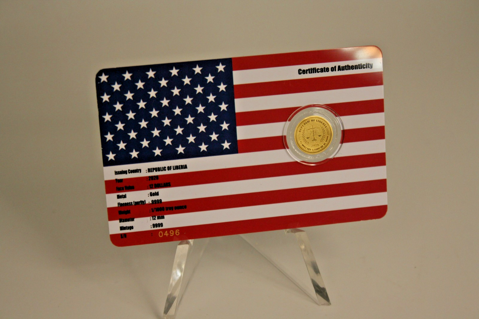 REPUBLIC OF LIBERIA 2026 12 DOLLAR GOLD 1/1000 OZT .9999 USA FLAG $100 BILL