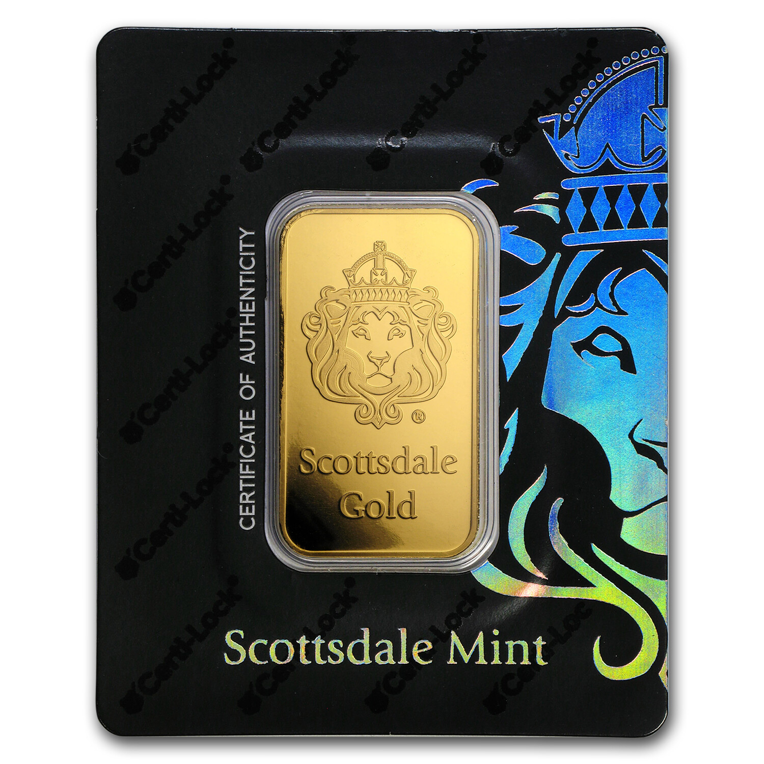 1 oz Gold Bar – Scottsdale Mint Certi-Lock® (Lion, Black Assay)